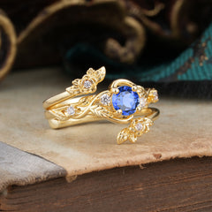 Floral themed 4 Prong Round Sapphire Wedding Ring Set