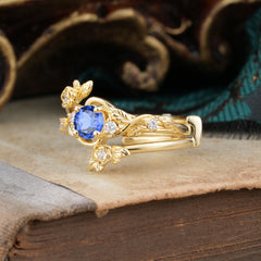 Floral themed 4 Prong Round Sapphire Wedding Ring Set