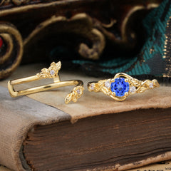 Floral themed 4 Prong Round Sapphire Wedding Ring Set