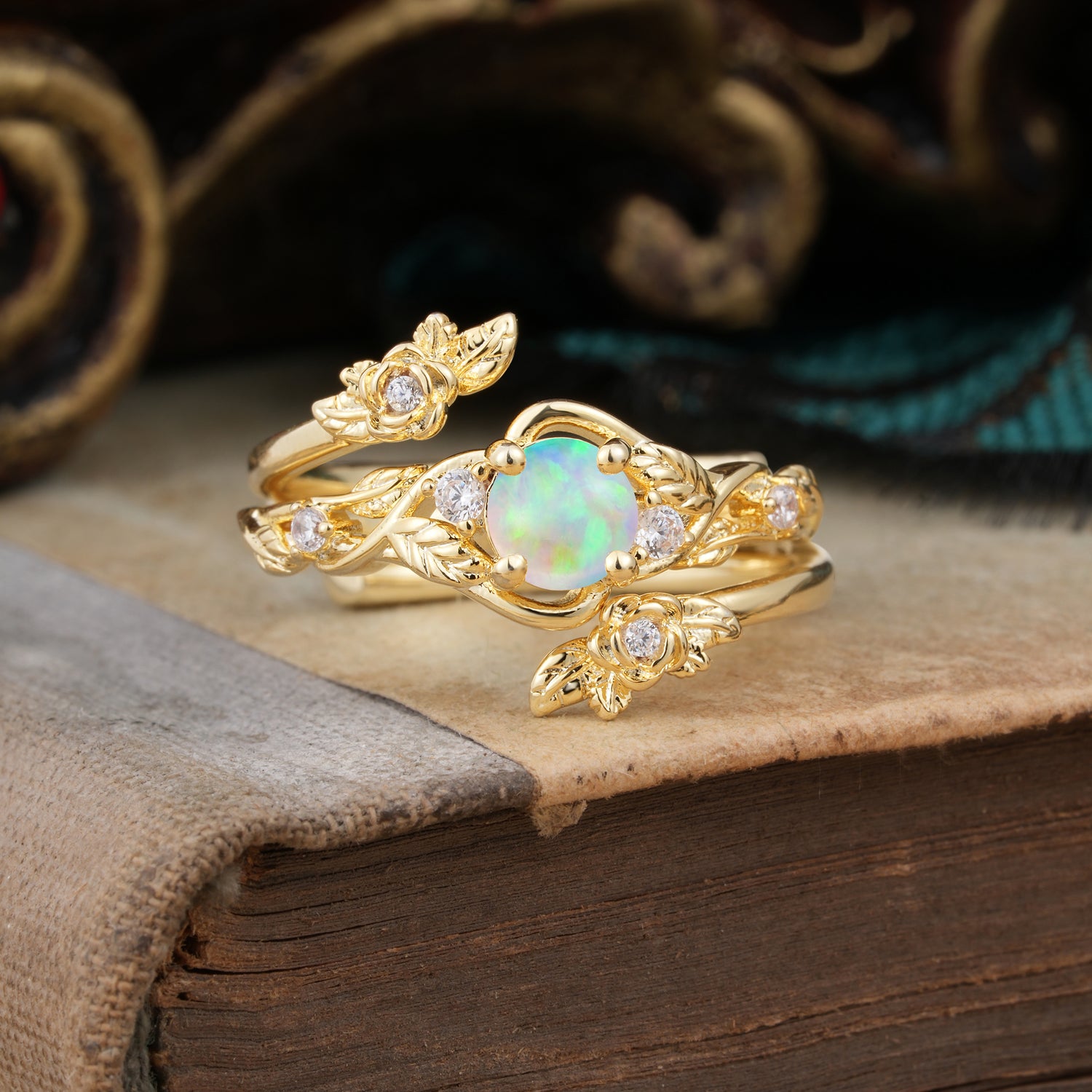 Floral themed 4 Prong Round Opal Bridal Ring Set