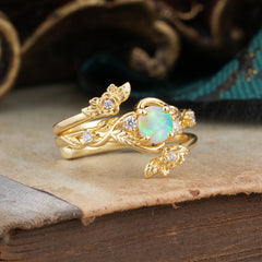Floral themed 4 Prong Round Opal Wedding Ring Set