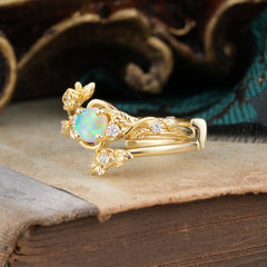Floral themed 4 Prong Round Opal Wedding Ring Set