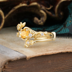 Floral themed 4 Prong Round Citrine Wedding Ring Set
