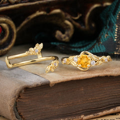 Floral themed 4 Prong Round Citrine Wedding Ring Set