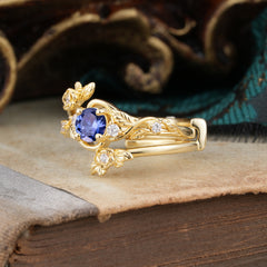 Floral themed 4 Prong Round Tanzanite Wedding Ring Set