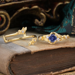 Floral themed 4 Prong Round Tanzanite Wedding Ring Set
