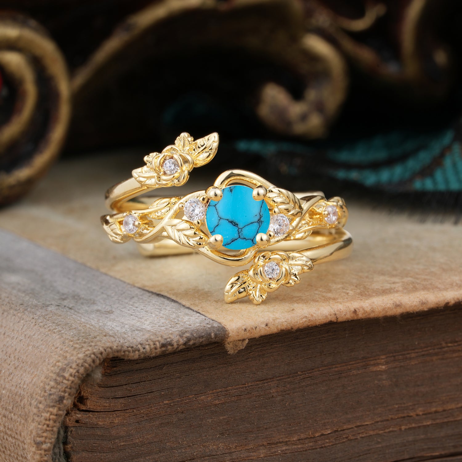Floral themed 4 Prong Round Turquoise Bridal Ring Set