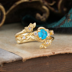 Floral themed 4 Prong Round Turquoise Wedding Ring Set