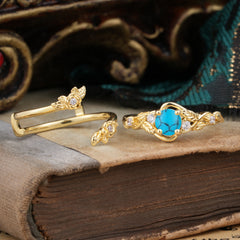 Floral themed 4 Prong Round Turquoise Wedding Ring Set