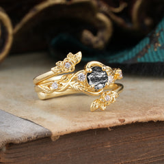Floral themed 4 Prong Round Black Rutilated Quartz Wedding Ring Set