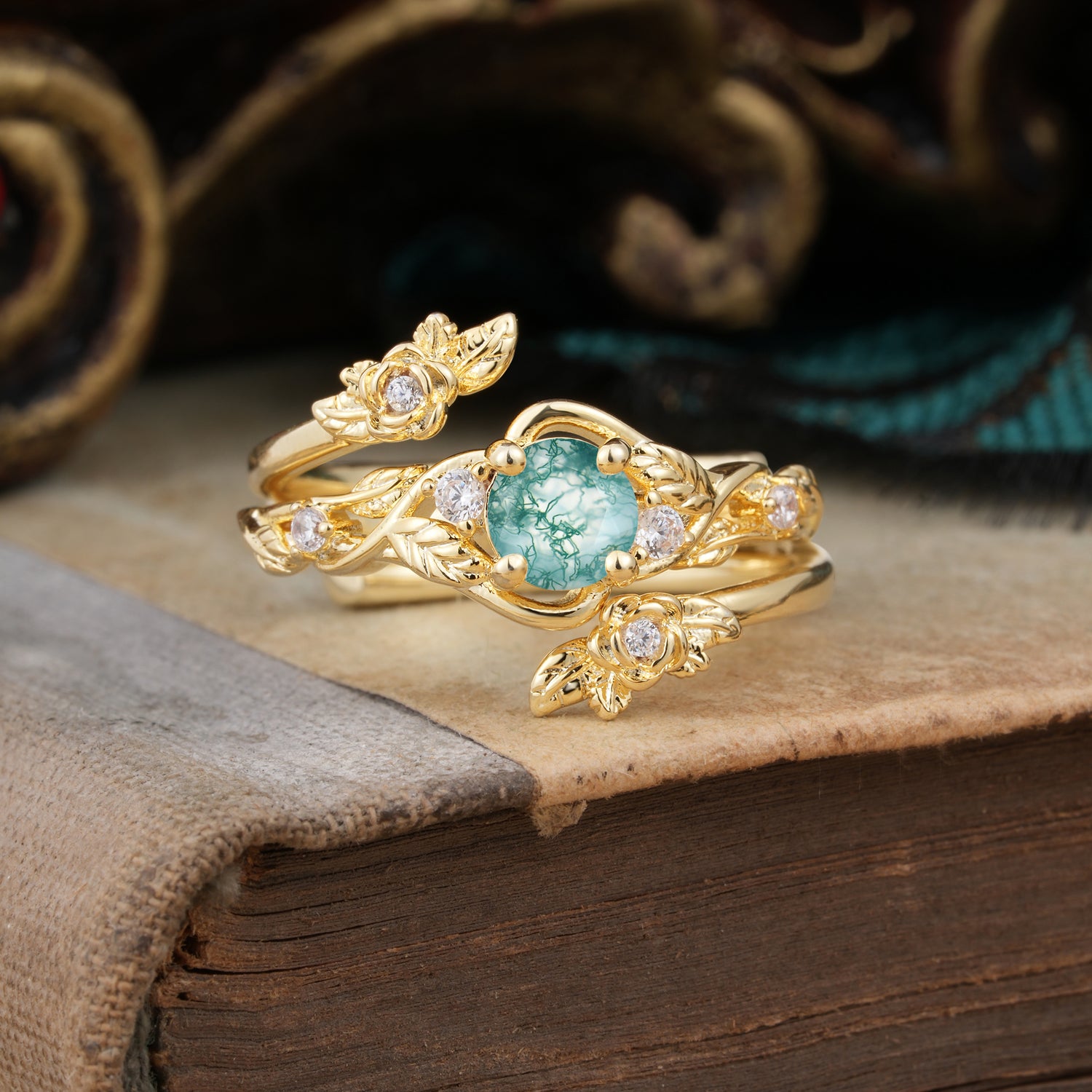 Floral themed 4 Prong Round Moss Agate Bridal Ring Set