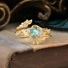 Floral themed 4 Prong Round Moss Agate Wedding Ring Set