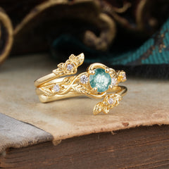 Floral themed 4 Prong Round Moss Agate Wedding Ring Set