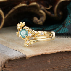 Floral themed 4 Prong Round Moss Agate Wedding Ring Set