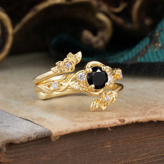 Floral themed 4 Prong Round Black Onyx Wedding Ring Set