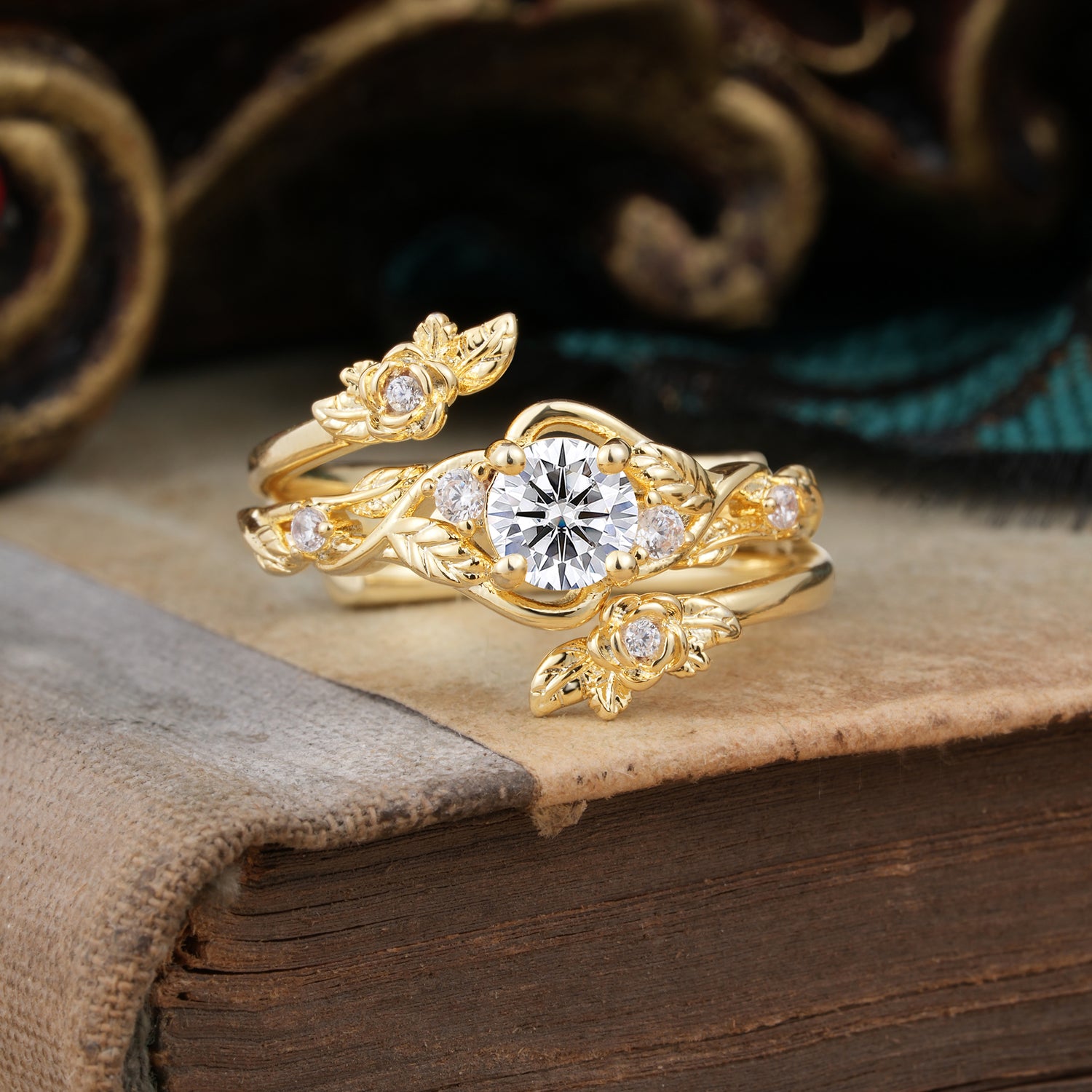 Floral Themed 4 Prong Round Lab Diamond Bridal Ring Set