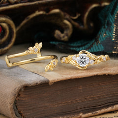 Floral Themed 4 Prong Round Lab Diamond Wedding Ring Set