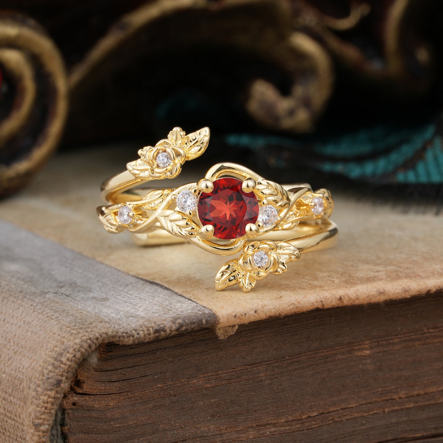 Floral themed 4 Prong Round Garnet Bridal Ring Set