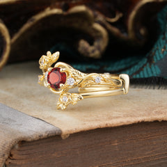 Floral themed 4 Prong Round Garnet Wedding Ring Set