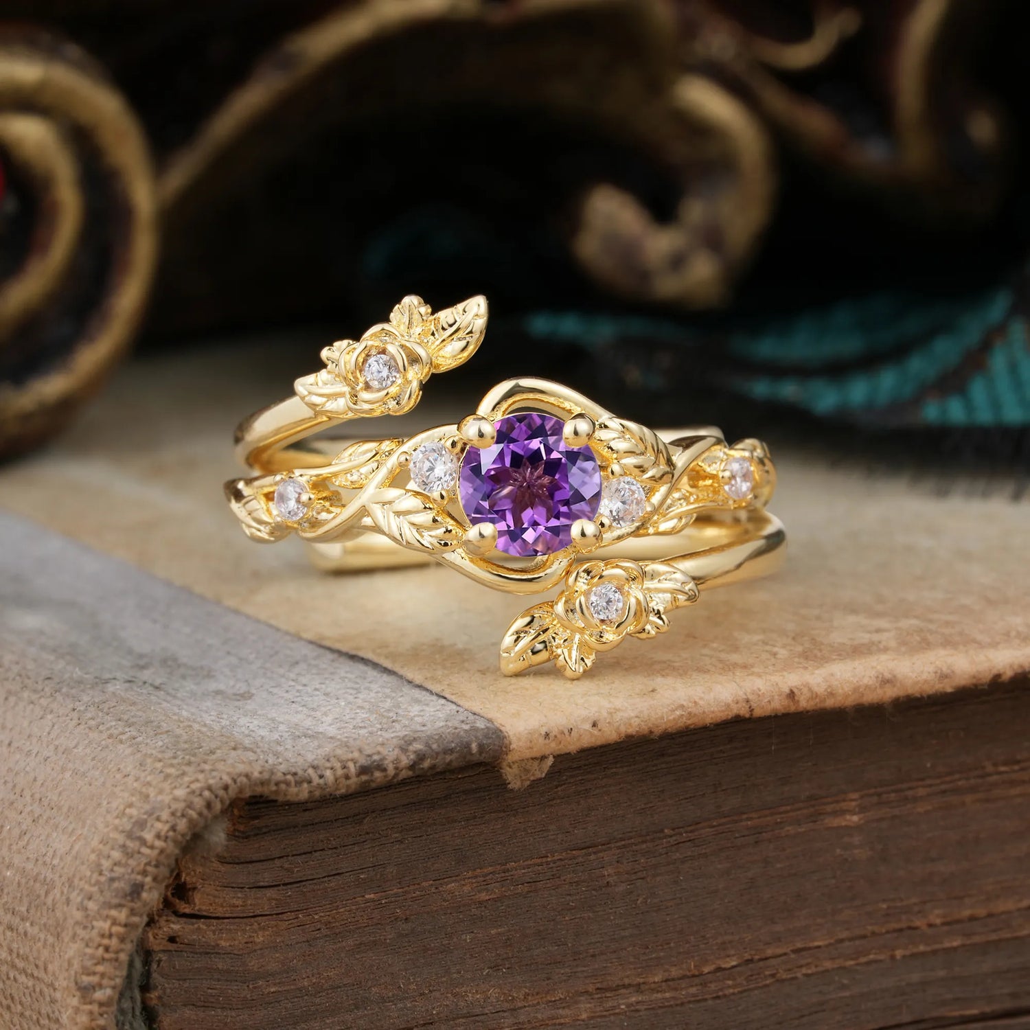 Floral themed 4 Prong Round Amethyst Bridal Ring Set