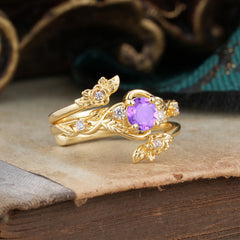 Floral themed 4 Prong Round Amethyst Wedding Ring Set