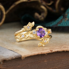 Floral themed 4 Prong Round Amethyst Wedding Ring Set
