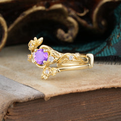 Floral themed 4 Prong Round Amethyst Wedding Ring Set