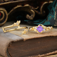 Floral themed 4 Prong Round Amethyst Wedding Ring Set
