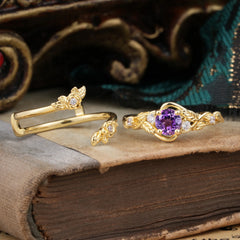 Floral themed 4 Prong Round Amethyst Wedding Ring Set
