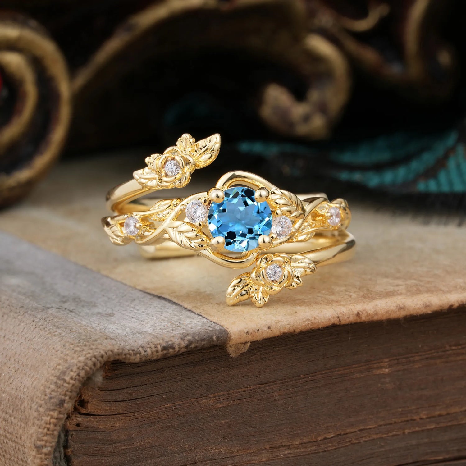 Floral themed 4 Prong Round Aquamarine Bridal Ring Set