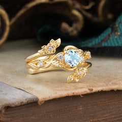Floral themed 4 Prong Round Aquamarine Wedding Ring Set