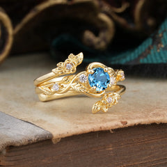 Floral themed 4 Prong Round Aquamarine Wedding Ring Set