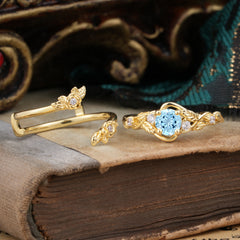 Floral themed 4 Prong Round Aquamarine Wedding Ring Set