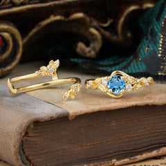 Floral themed 4 Prong Round Aquamarine Wedding Ring Set