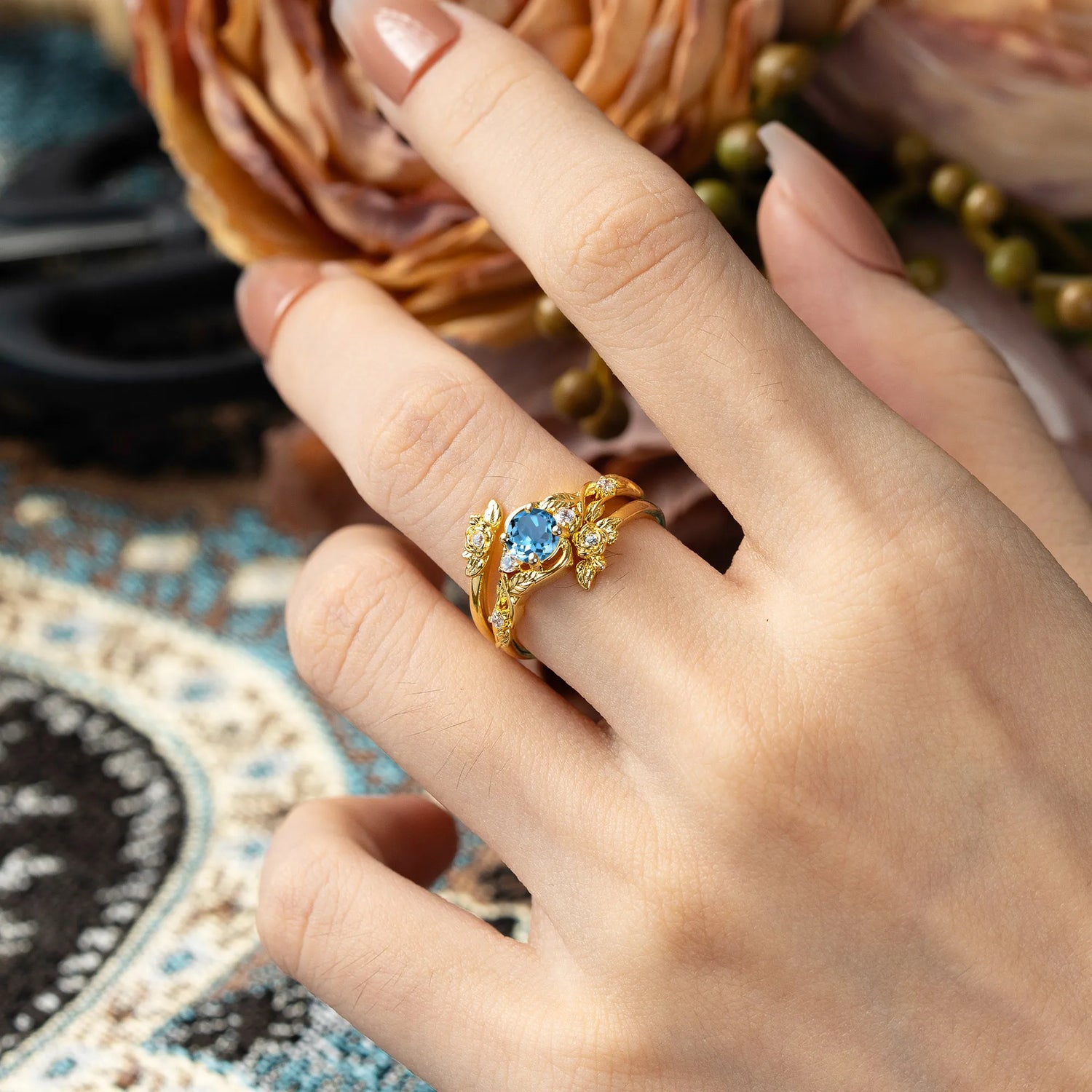 Floral themed 4 Prong Round Aquamarine Bridal Ring Set
