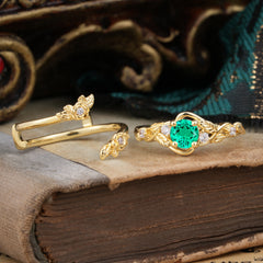 Floral themed 4 Prong Round Emerald Wedding Ring Set