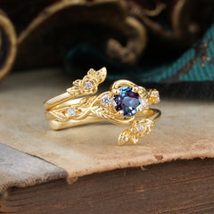 Floral themed 4 Prong Round Alexandrite Wedding Ring Set