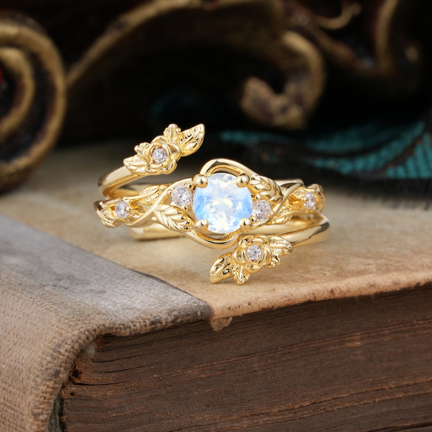 Floral themed 4 Prong Round Moonstone Bridal Ring Set