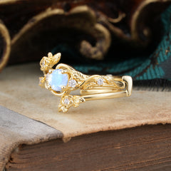 Floral themed 4 Prong Round Moonstone Wedding Ring Set