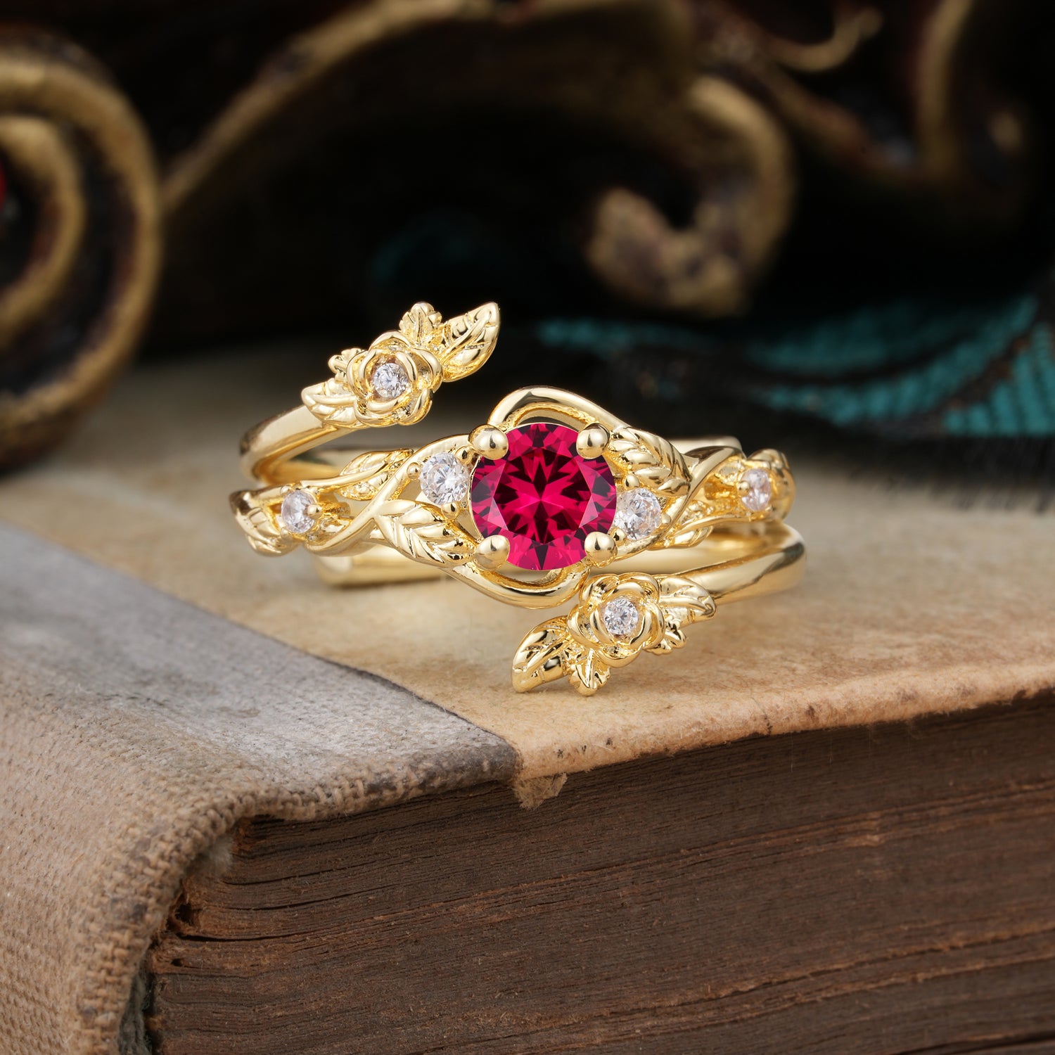 Floral themed 4 Prong Round Ruby Bridal Ring Set