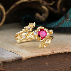 Floral themed 4 Prong Round Ruby Wedding Ring Set