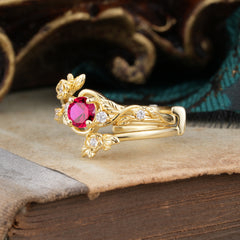 Floral themed 4 Prong Round Ruby Wedding Ring Set