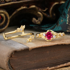 Floral themed 4 Prong Round Ruby Wedding Ring Set