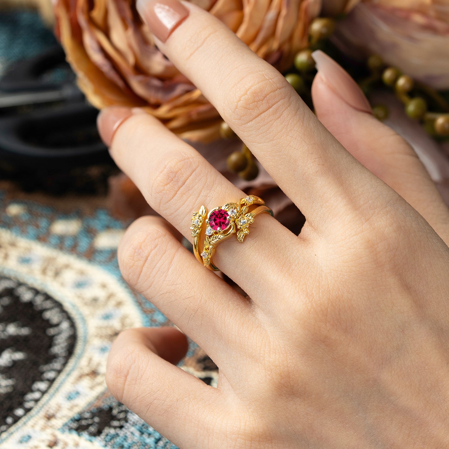 Floral themed 4 Prong Round Ruby Bridal Ring Set