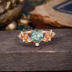 Nature-Inspired 4-Prong Round Natural Moss Agate Engagement Ring