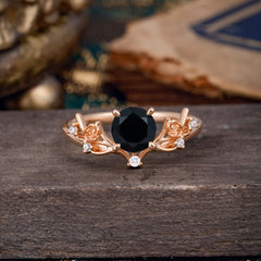 Nature-Inspired 4-Prong Round Black Onyx Engagement Ring