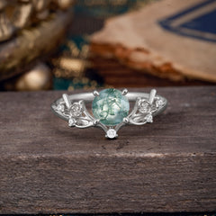 Nature-Inspired 4-Prong Round Natural Moss Agate Engagement Ring
