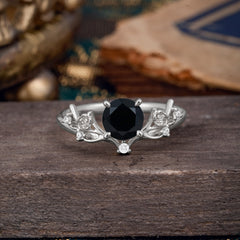 Nature-Inspired 4-Prong Round Black Onyx Engagement Ring