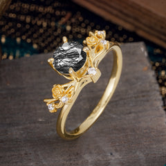 Nature-Inspired 4-Prong Round Natural Black Rutilated Quartz Engagement Ring