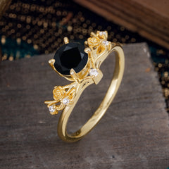 Nature-Inspired 4-Prong Round Black Onyx Engagement Ring